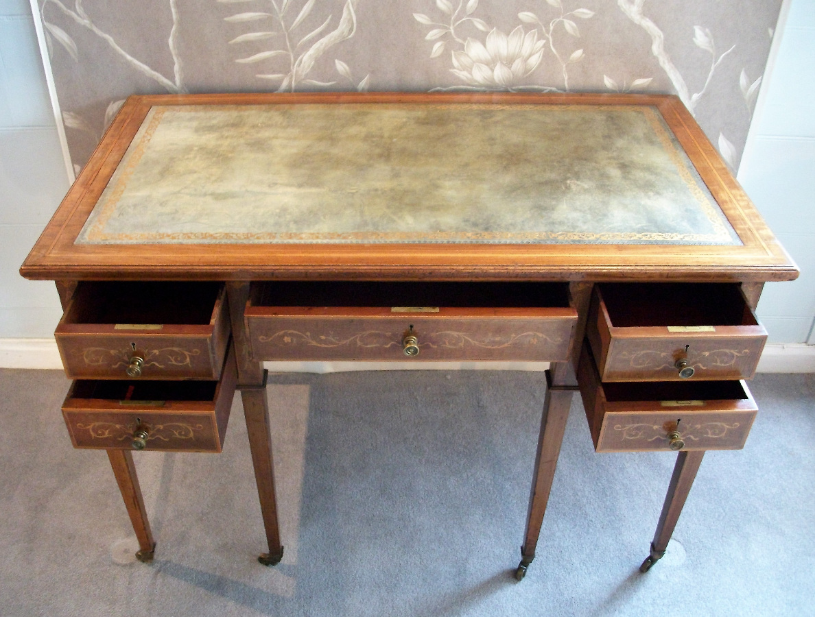  mahogany inlaid writing /dressing table with drawers and sage leather top